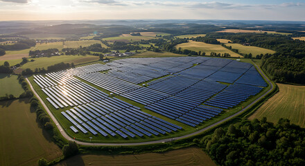 Vast solar array glimmers in the sun, a testament to renewable energy innovation in rural landscape.