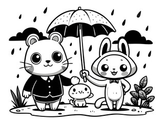 Cute animals sharing an umbrella in the rain