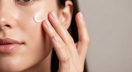 Closeup of a woman applying moisturizing cream to her cheek, promoting healthy, hydrated skin and a natural beauty glow