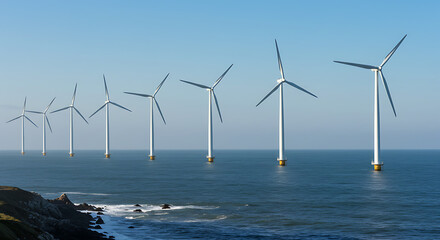 Offshore wind farm generating clean energy in the ocean, showcasing renewable power on the horizon
