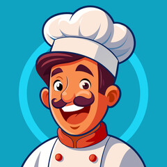 Happy cartoon chef with a mustache and chef hat