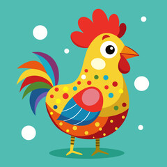 Colorful cartoon rooster with polka dots and rainbow tail