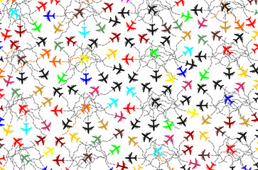 Colorful airplane with dotted path vector set. Flying airplane with dotted air route. Airplane icon set. Flying  airplane set collection. Seamless pattern of flying air plane.