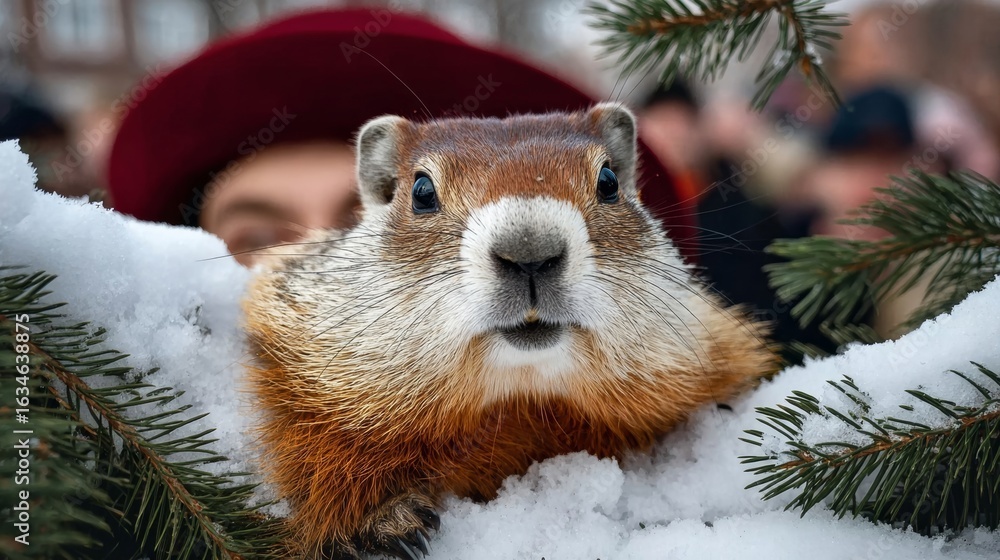 Poster small brown and white squirrel is peeking out from under a tree. the scene is set in a snowy environ