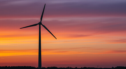 Wind turbine silhouette against a vibrant sunset sky painted with orange, pink, and purple hues.