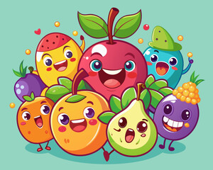 Happy cartoon fruits group cheerful and colorful