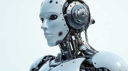 Close-up profile view of a futuristic robot head and neck.