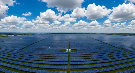 Vast solar panel array stretching into the horizon, underneath a bright blue sky with fluffy clouds.
