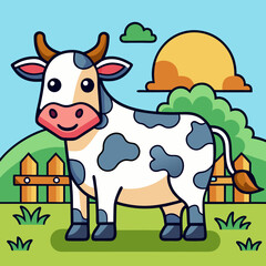 Cute cartoon cow standing in a green field with a fence and sun