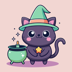 Cute black cat witch with cauldron and star