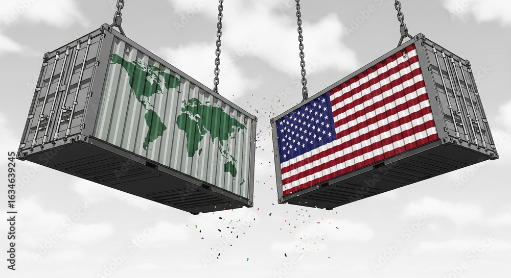 Aufkleber two shipping containers suspended by chains one with world map and the other with the us flag image
