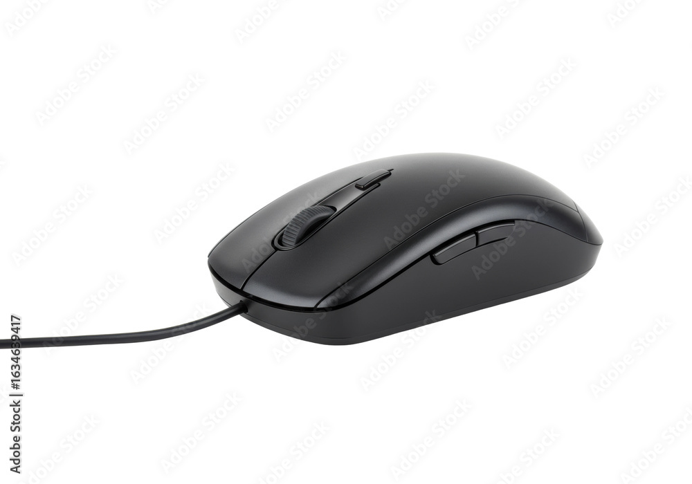 Poster black wired computer mouse with scroll wheel and side buttons. cut out png