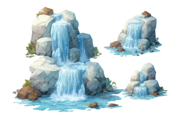Two stylized waterfall scenes on rocks