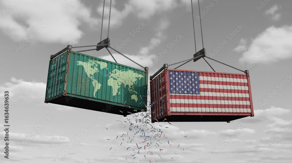 Poster two shipping containers one with world map and the other with usa flag suspended by chains in the sk