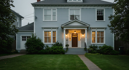 Charming two-story residence showcasing classic architectural design, beautiful landscaping and warm lighting.