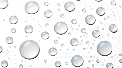 Close up macro view of numerous clear water droplets scattered across a dark black background