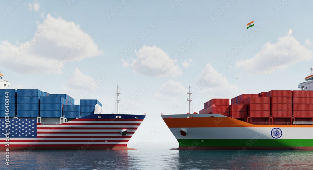 Poster two cargo ships facing each other one with us flag and another with india flag in the ocean on a clo