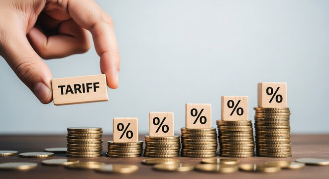 Hand placing tariff block on stacked coins with percentage blocks implying economic impact