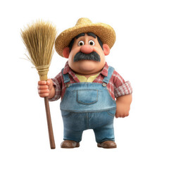 3d illustration of cartoon farmer holding a broom isolated on transparent background