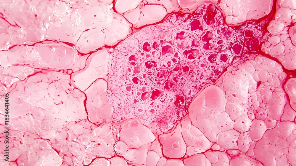 Poster a close-up microscopic view of pink tissue, showcasing cell structures and fluid, highlighting biolo
