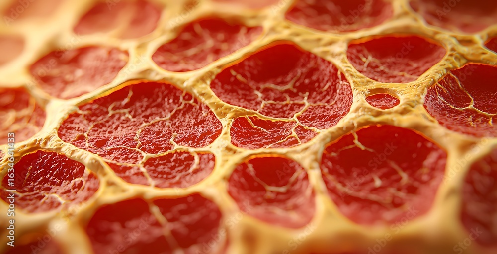 Poster a close-up view of textured, red organic material displaying intricate patterns, indicative of cellu