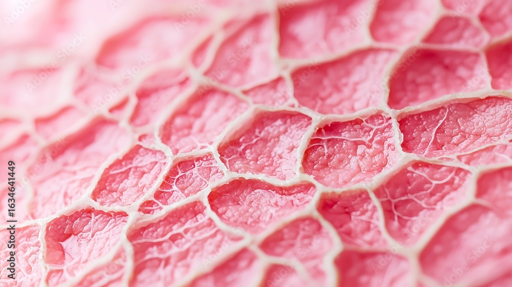 Poster close-up of a textured surface showcasing intricate pink patterns resembling natural skin or fruit, 