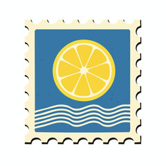 A vintage postage stamp design featuring a sliced lemon on a blue background with wave details.