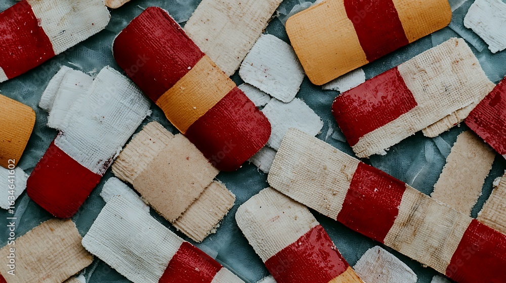 Aufkleber a colorful arrangement of bandages featuring various colors and textures, creating an artistic visua