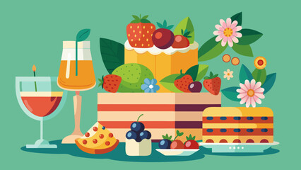 A festive dessert spread with drinks and fruit