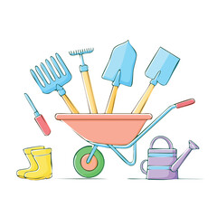 Colorful illustration of gardening tools including wheelbarrow, shovel, rake, and watering can.