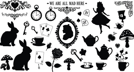 Alice in Wonderland silhouette icons, tea party, rabbit, clock, playing cards, mushrooms, keys, fantasy elements on white background vector