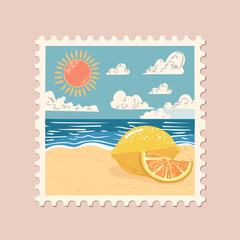 A vintage postage stamp illustration featuring a sunny beach scene with a lemon and ocean view.