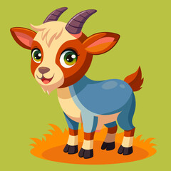 Obraz premium Cute cartoon goat standing on hay with a green background