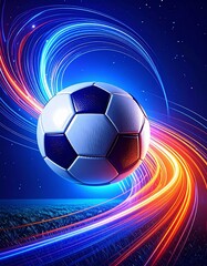 Naklejka premium A dynamic soccer ball surrounded by colorful light trails against a dark backdrop, creating a vibrant and energetic atmosphere.