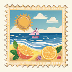 A detailed illustration of a vintage postage stamp featuring a summer beach scene with oranges and a sailboat.