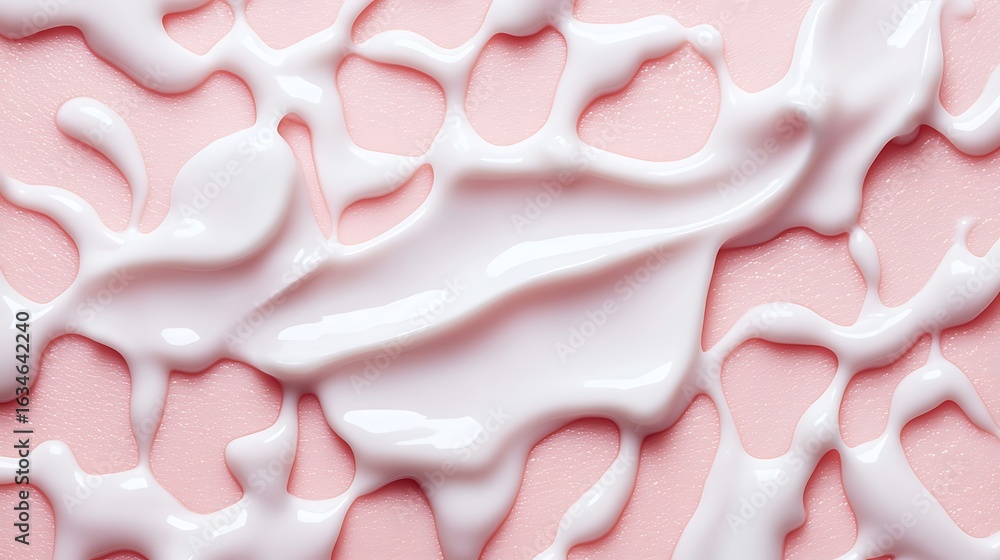 Poster a close-up abstract image of creamy, white liquid flowing over a soft pink surface, creating an orga