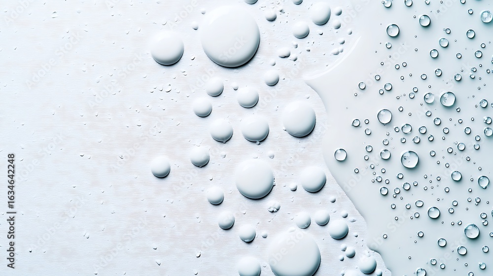 Poster a close-up image of water droplets on a textured white surface, showcasing various sizes and pattern