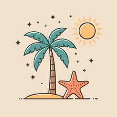 A vibrant illustration of a tropical island scene with a palm tree, starfish, and sun.