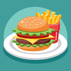 Delicious burger and fries meal on a plate