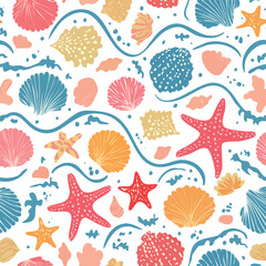 Colorful illustration of a seamless pattern featuring various seashells and starfish on a white background with wavy lines.