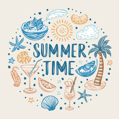 A detailed illustration of a summer-themed design featuring beach elements and refreshing drinks.