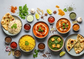 A vibrant overhead view of a spread of delicious indian food, featuring various curries, rice, naan bread, and spices, presented beautifully