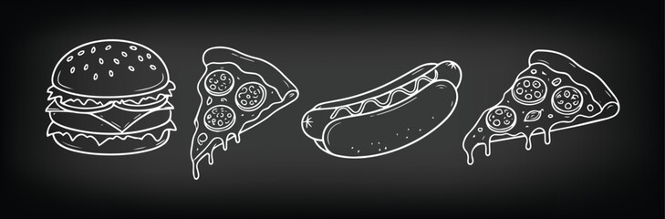 Fast Food Icon Set. Chalkboard vector illustration of a burger, pizza, and hot dog. White line art doodle clipart of classic American junk food. Restaurant menu graphic. Diner food art.