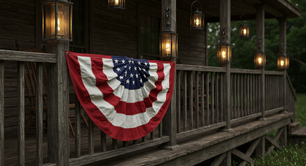 Rustic porch adorned with patriotic bunting and glowing lanterns exudes a warm, inviting atmosphere.