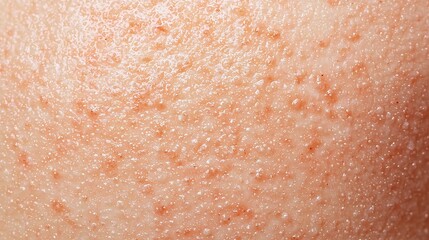 Fototapeta premium Close-up of a textured skin surface displaying tiny droplets and a warm hue, suggesting moisture or an oily appearance.