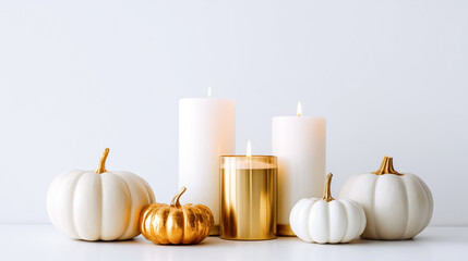Stylish fall-themed decor with white and gold pumpkins paired with glowing candles
