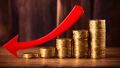 A red arrow pointing down over a row of decreasing gold coins. Generative AI.