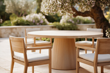 Modern round wooden outdoor table with cushioned chairs in a peaceful garden patio