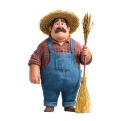 3d illustration of cartoon farmer holding a broom isolated on transparent background