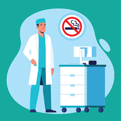 Vector illustration of a doctor promoting a no-smoking policy in a medical clinic.